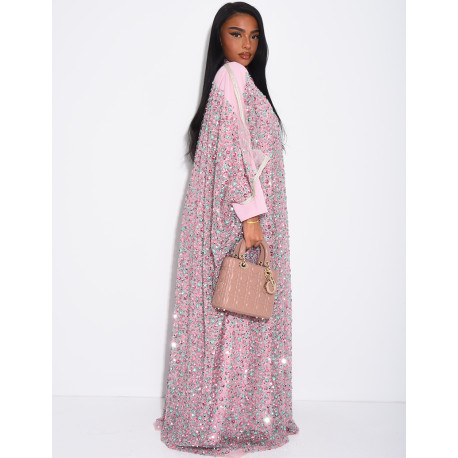 Abaya premium à perles et sequins brodés avec sa sous robe assortie