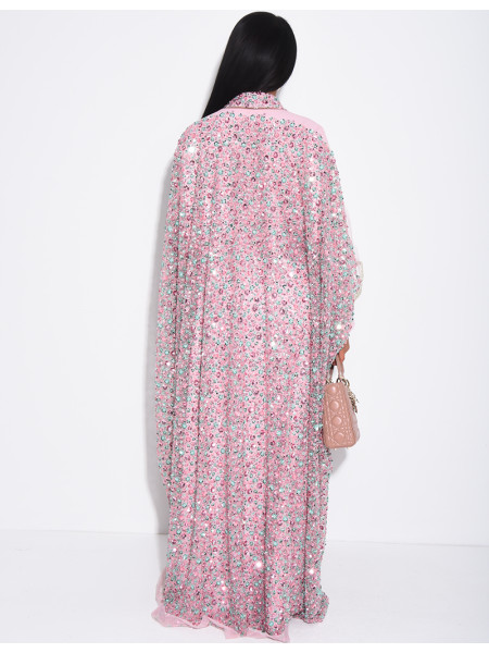 Abaya premium à perles et sequins brodés avec sa sous robe assortie
