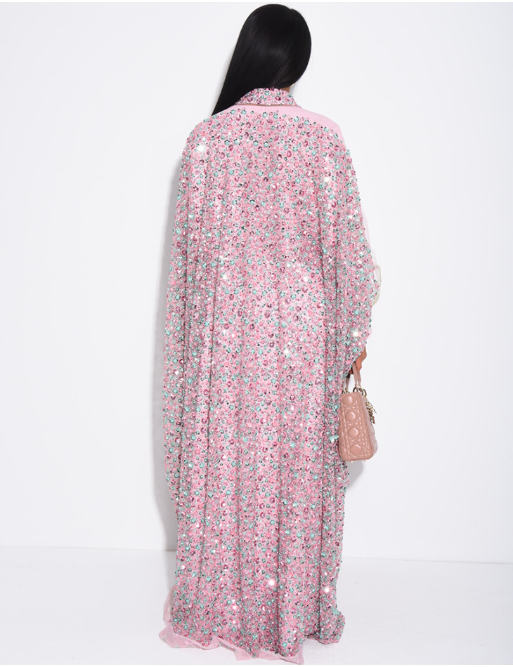 Abaya premium à perles et sequins brodés avec sa sous robe assortie