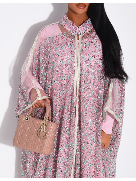 Abaya premium à perles et sequins brodés avec sa sous robe assortie