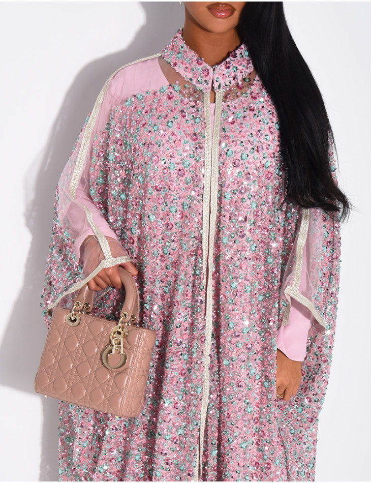 Abaya premium à perles et sequins brodés avec sa sous robe assortie