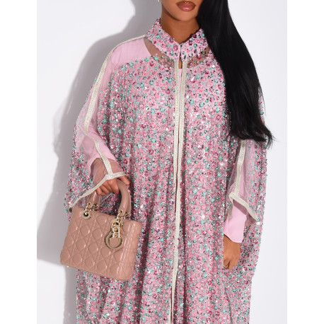 Abaya premium à perles et sequins brodés avec sa sous robe assortie