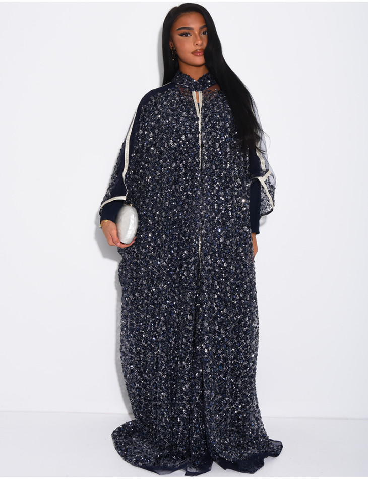 Abaya premium à perles et sequins brodés avec sa sous robe assortie