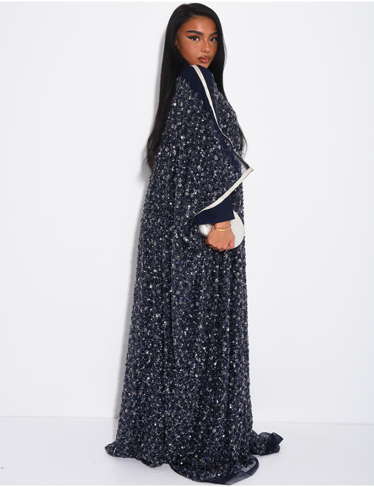 Abaya premium à perles et sequins brodés avec sa sous robe assortie