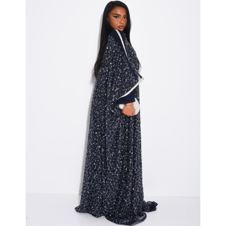 Abaya premium à perles et sequins brodés avec sa sous robe assortie