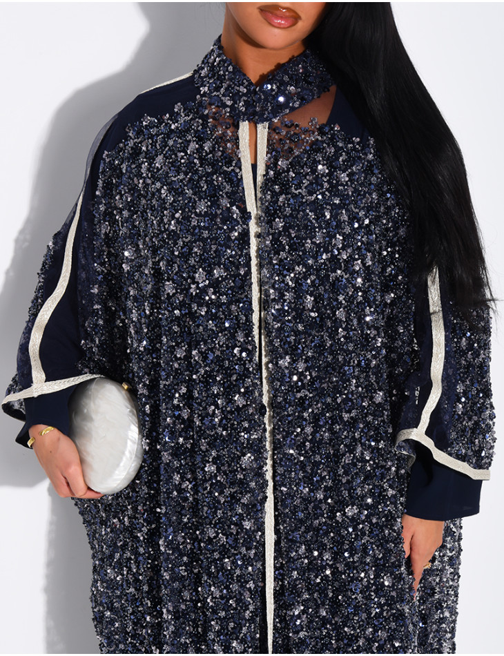 Abaya premium à perles et sequins brodés avec sa sous robe assortie