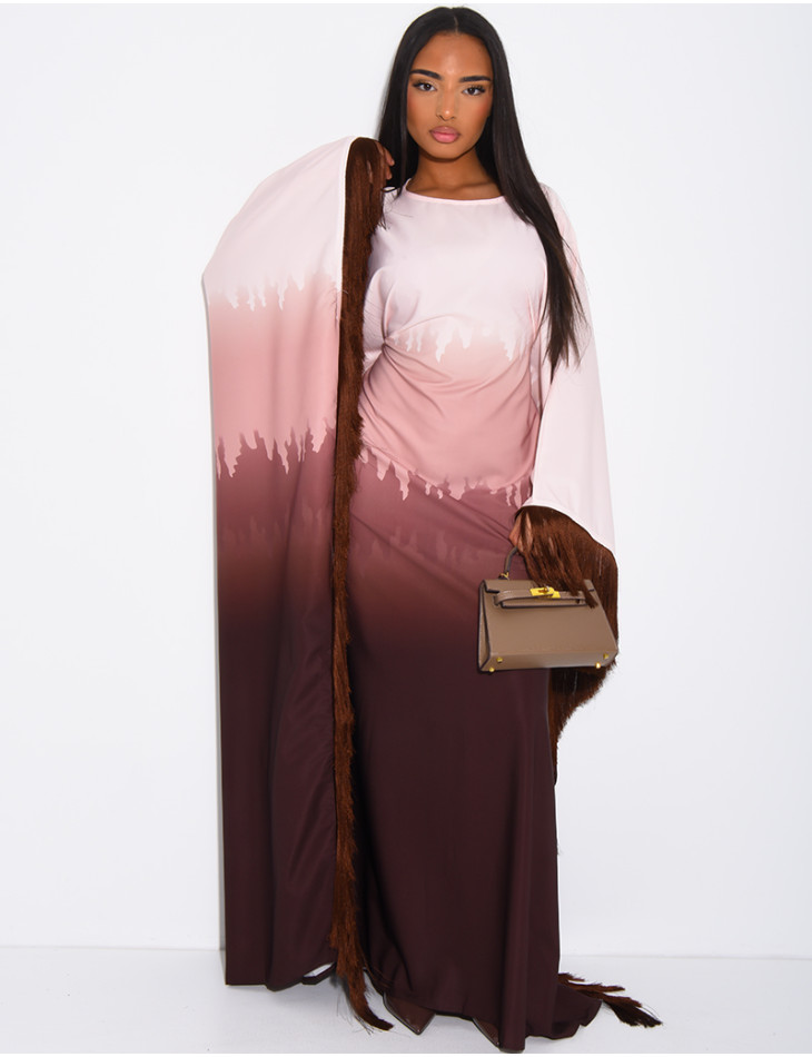 Abaya en satin dégradé à franges sur les bordures