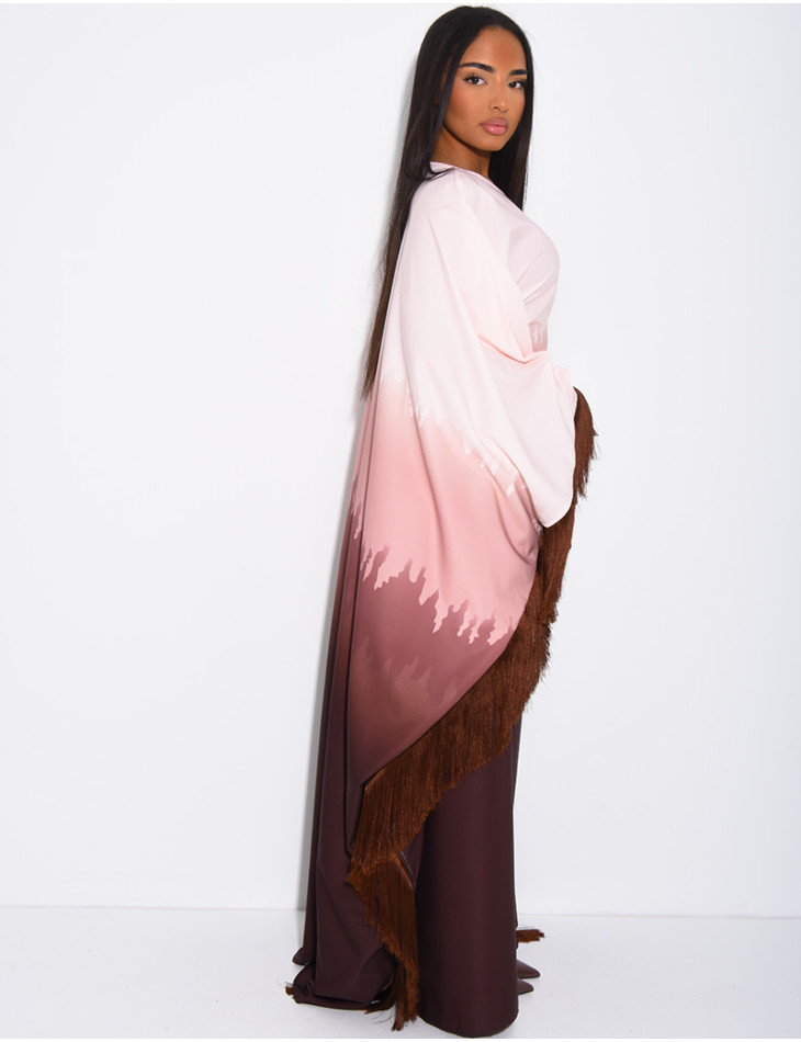 Abaya en satin dégradé à franges sur les bordures