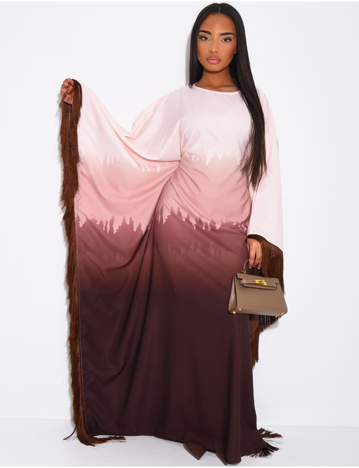 Abaya en satin dégradé à franges sur les bordures