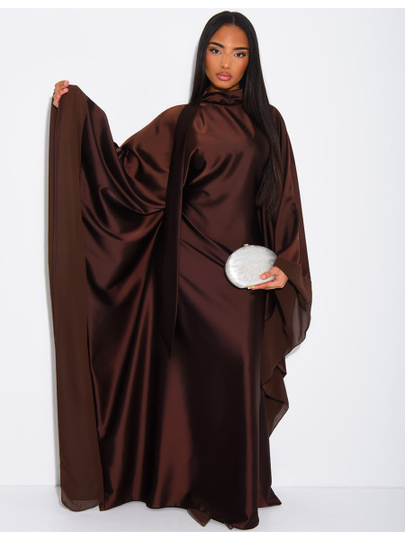 Thick satin abaya dress with sheer voile trim, to be tied at the waist