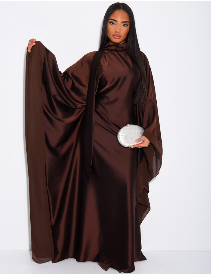 Thick satin abaya dress with sheer voile trim, to be tied at the waist
