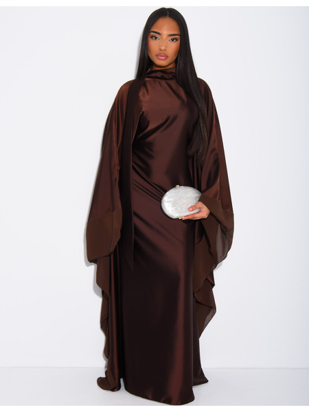 Thick satin abaya dress with sheer voile trim, to be tied at the waist