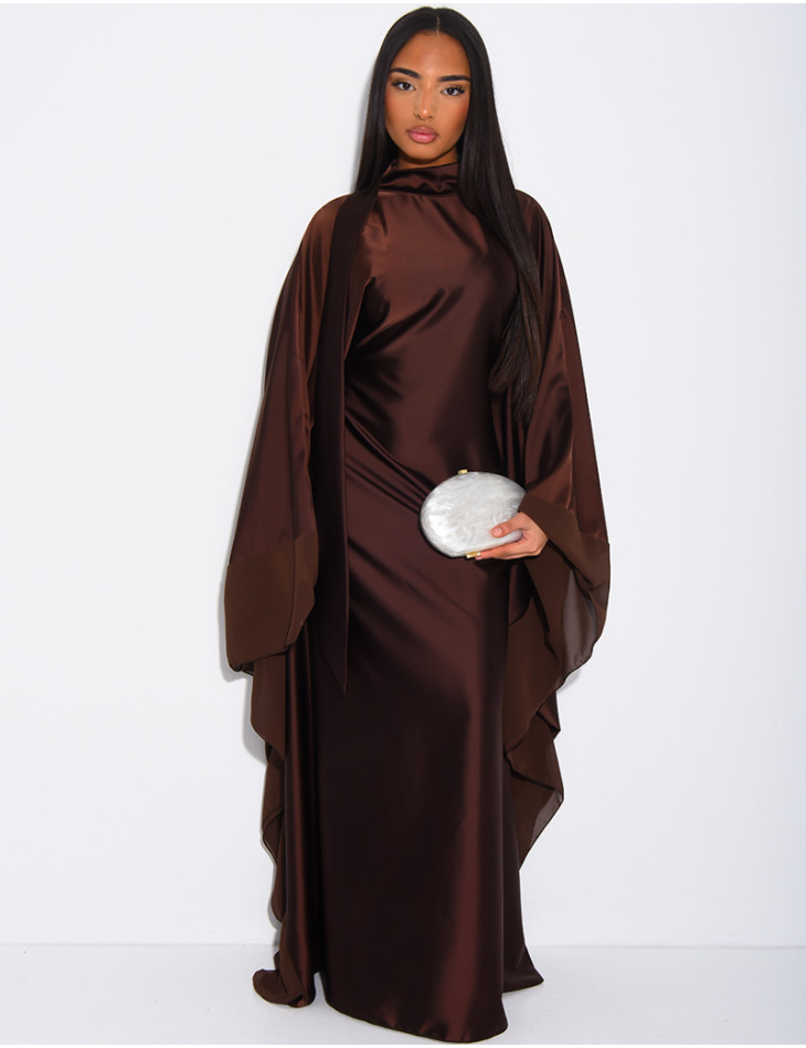 Thick satin abaya dress with sheer voile trim, to be tied at the waist