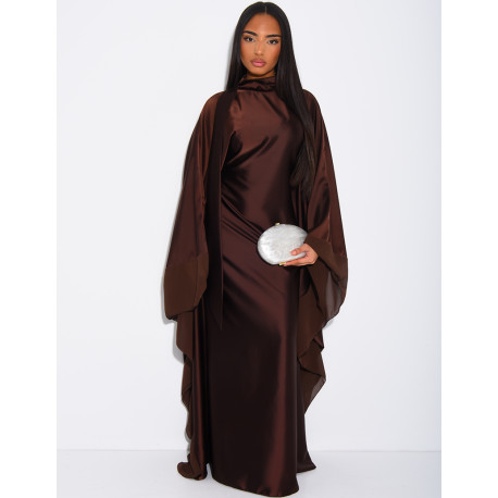 Thick satin abaya dress with sheer voile trim, to be tied at the waist