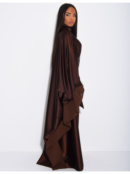 Thick satin abaya dress with sheer voile trim, to be tied at the waist