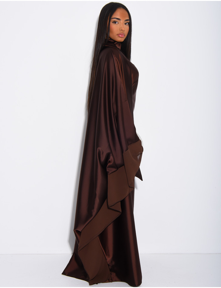 Thick satin abaya dress with sheer voile trim, to be tied at the waist