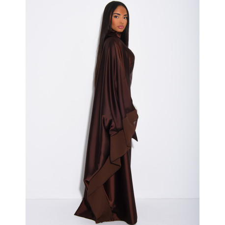 Thick satin abaya dress with sheer voile trim, to be tied at the waist