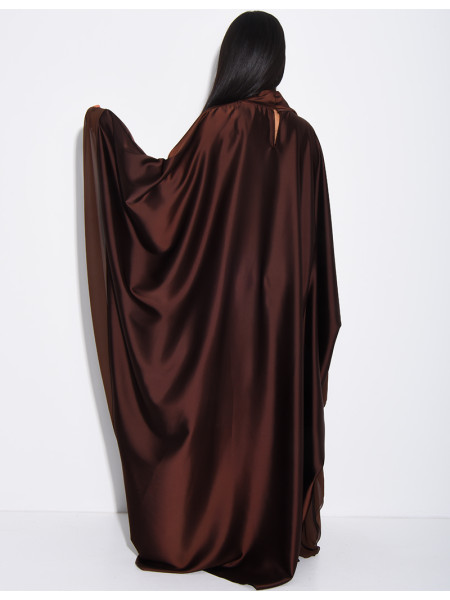 Thick satin abaya dress with sheer voile trim, to be tied at the waist