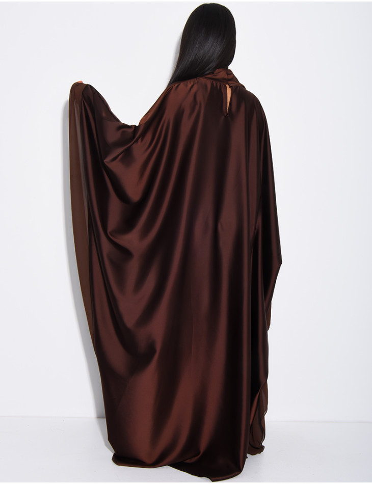 Thick satin abaya dress with sheer voile trim, to be tied at the waist