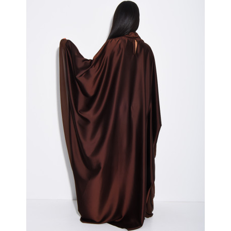 Thick satin abaya dress with sheer voile trim, to be tied at the waist