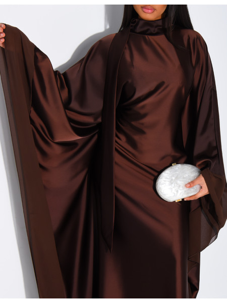 Thick satin abaya dress with sheer voile trim, to be tied at the waist