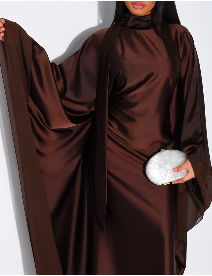 Thick satin abaya dress with sheer voile trim, to be tied at the waist