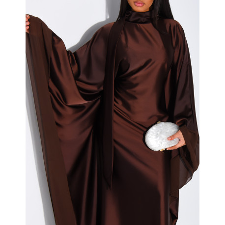 Thick satin abaya dress with sheer voile trim, to be tied at the waist