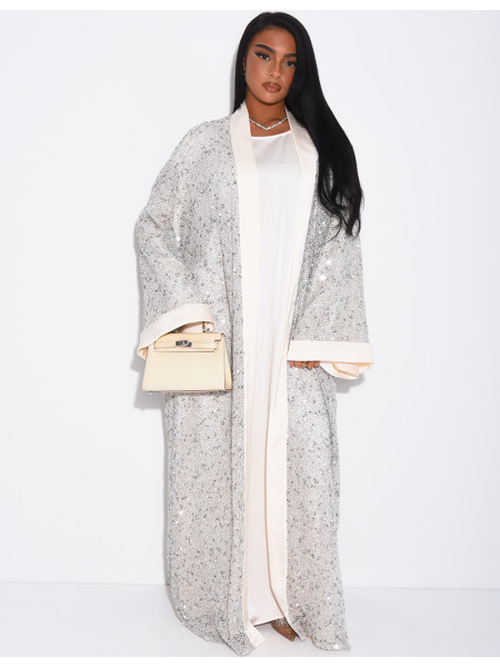 Long-sleeved satin dress and oversized sequinned kimono set