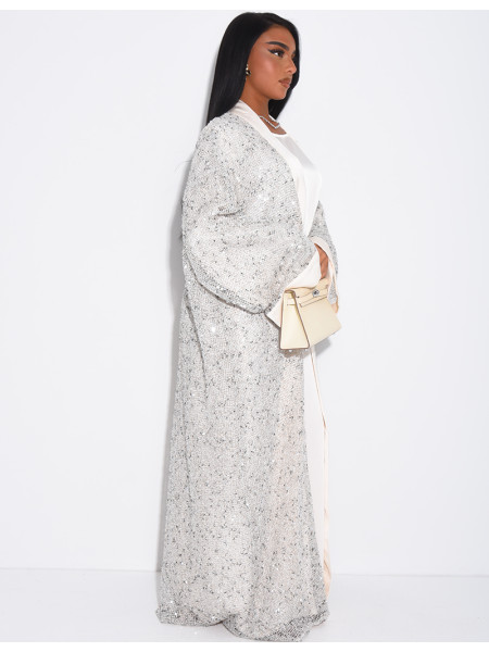 Long-sleeved satin dress and oversized sequinned kimono set