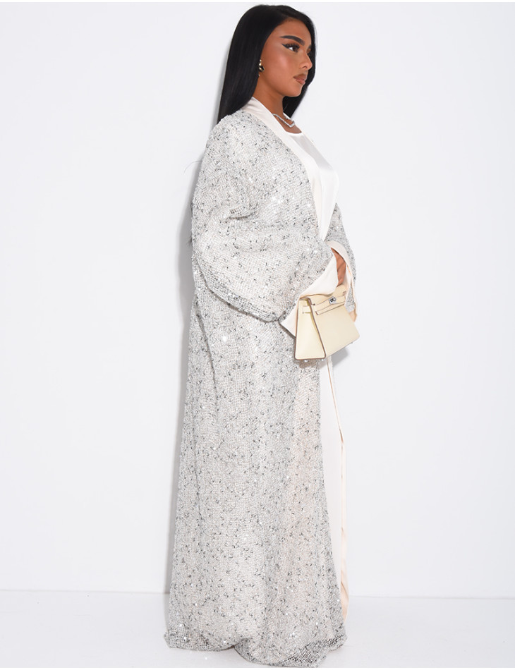 Long-sleeved satin dress and oversized sequinned kimono set