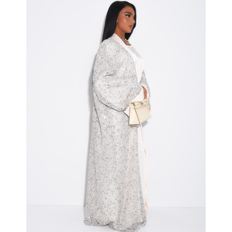 Long-sleeved satin dress and oversized sequinned kimono set