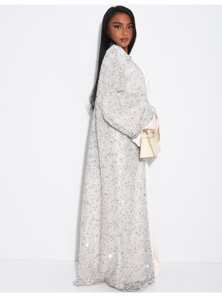 Long-sleeved satin dress and oversized sequinned kimono set