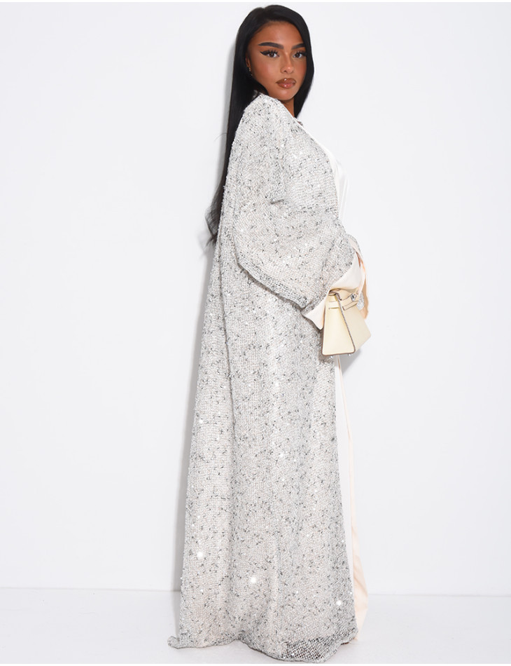 Long-sleeved satin dress and oversized sequinned kimono set
