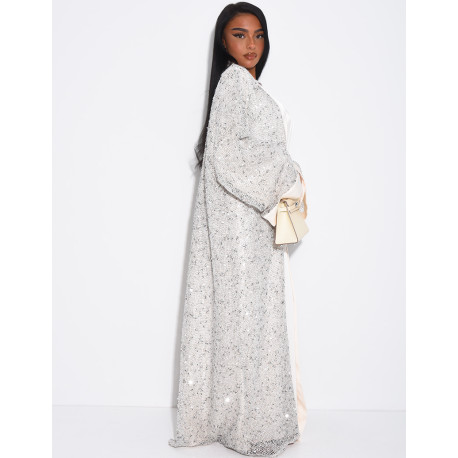Long-sleeved satin dress and oversized sequinned kimono set