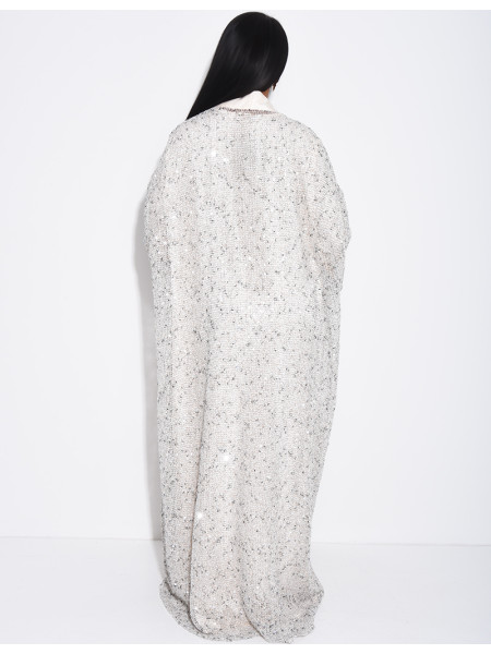 Long-sleeved satin dress and oversized sequinned kimono set