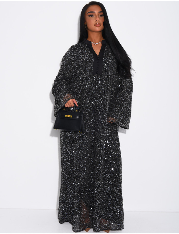 Abaya ample en tissu filet à sequins brodées