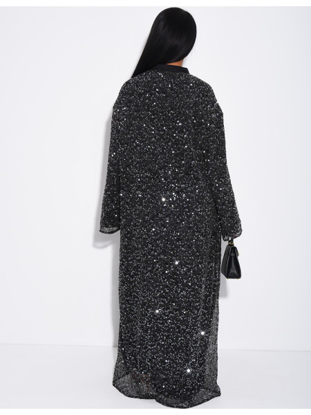 Abaya ample en tissu filet à sequins brodées