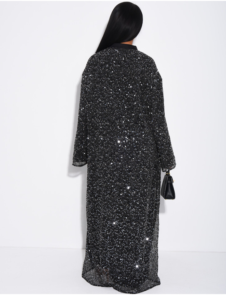 Abaya ample en tissu filet à sequins brodées
