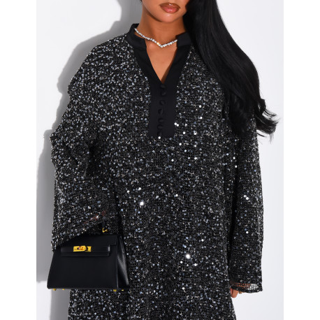 Abaya ample en tissu filet à sequins brodées