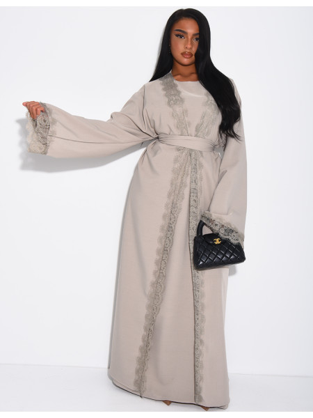 Sleeveless dress and kimono set with lace trim and tie fastening