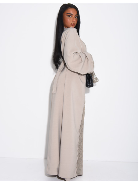 Sleeveless dress and kimono set with lace trim and tie fastening