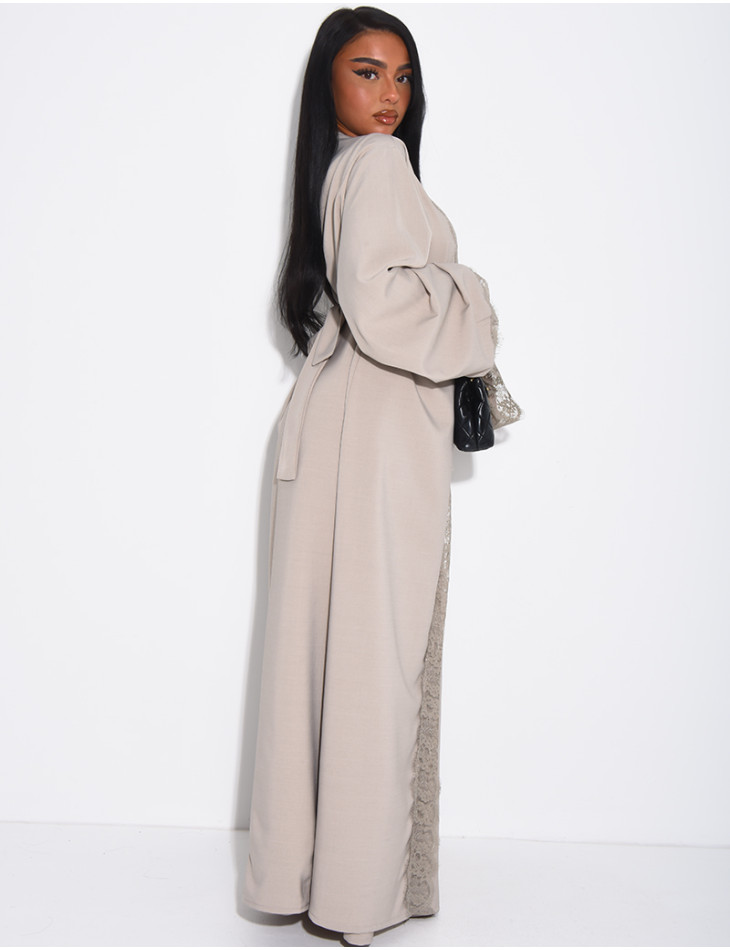 Sleeveless dress and kimono set with lace trim and tie fastening