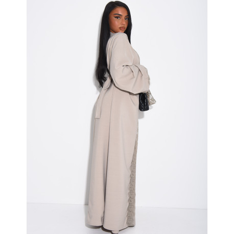 Sleeveless dress and kimono set with lace trim and tie fastening