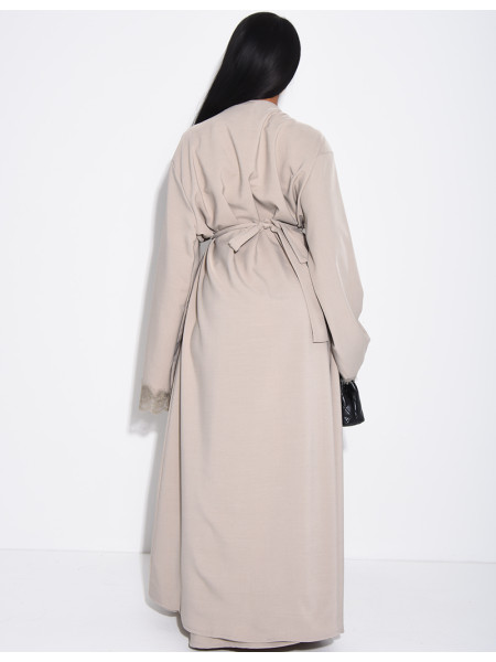 Sleeveless dress and kimono set with lace trim and tie fastening