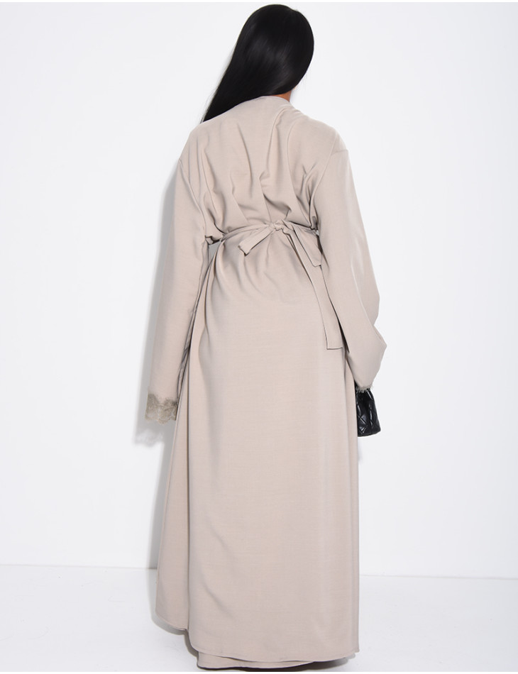 Sleeveless dress and kimono set with lace trim and tie fastening