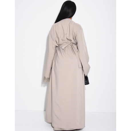 Sleeveless dress and kimono set with lace trim and tie fastening