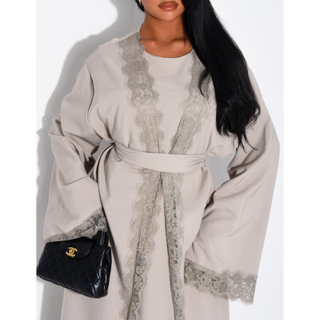 Sleeveless dress and kimono set with lace trim and tie fastening