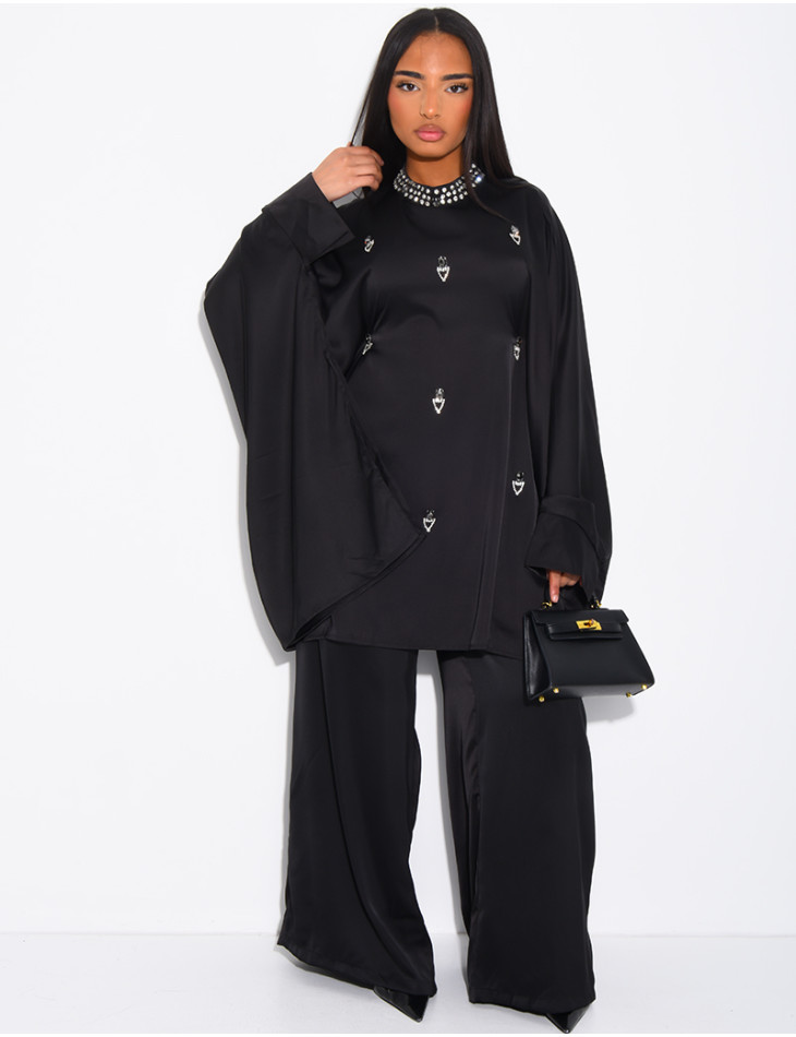 Straight trousers and crystal-embellished butterfly tunic set