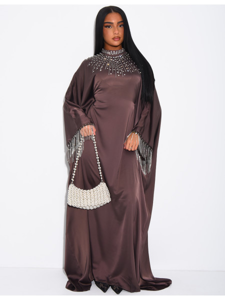 Abaya premium en satin ornée de strass & franges