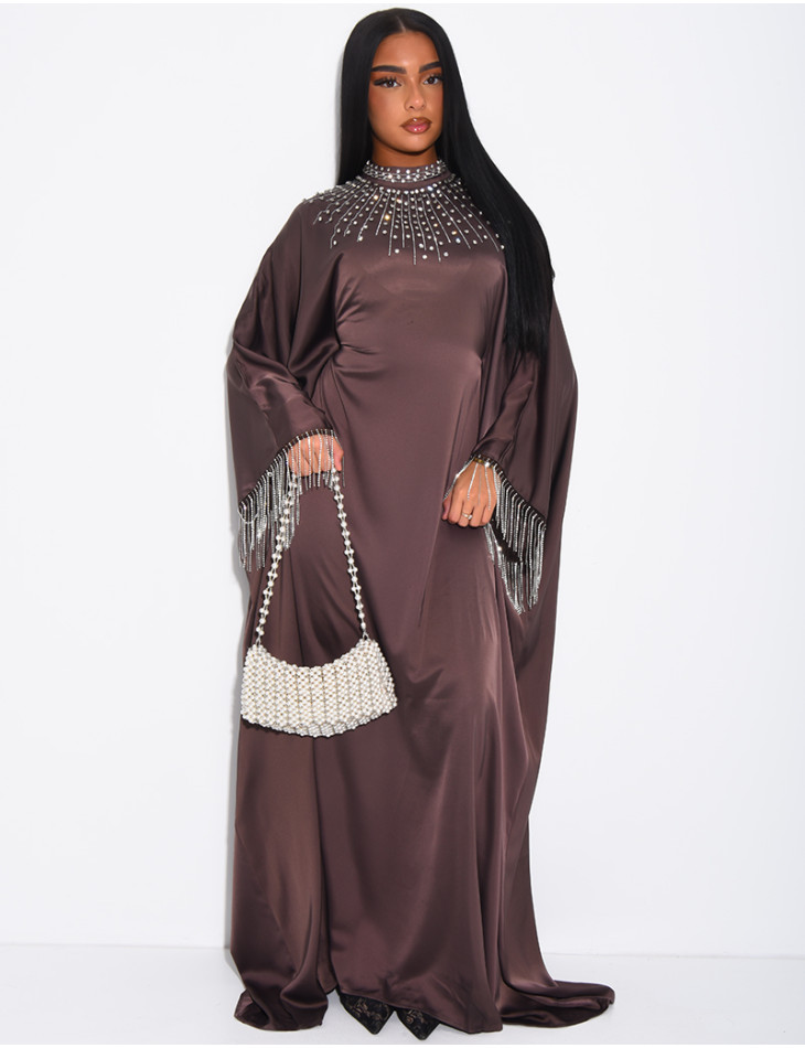 Abaya premium en satin ornée de strass & franges